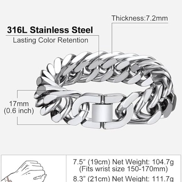 Cuban Link Chain Bracelet for Men Silver Chunky Chain Jewelry - Picture 5 of 5